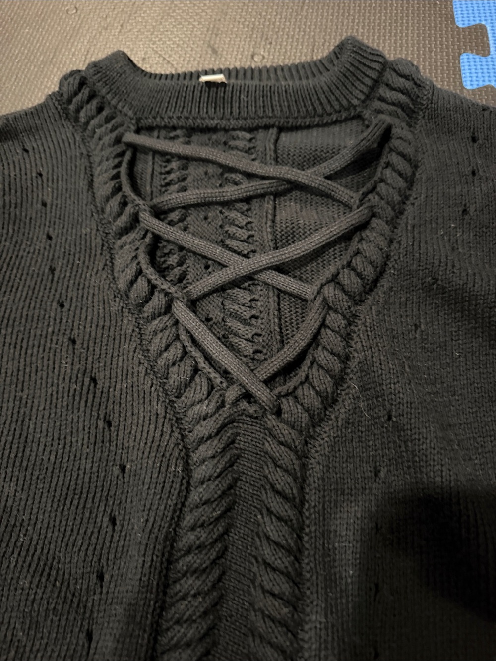 Minnie Rose Black Lace-Up V-Neck Cable Knit Sweater
